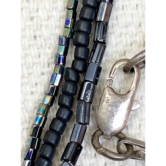 Triple strand black rainbow iridescent and matte bead necklace sterling clasp - Picture 5 of 6